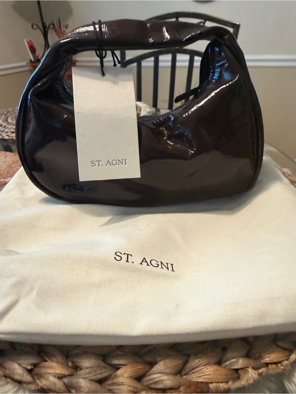ST. AGNI Dark Brown Patent Finish Mini Bon Bon Bag
